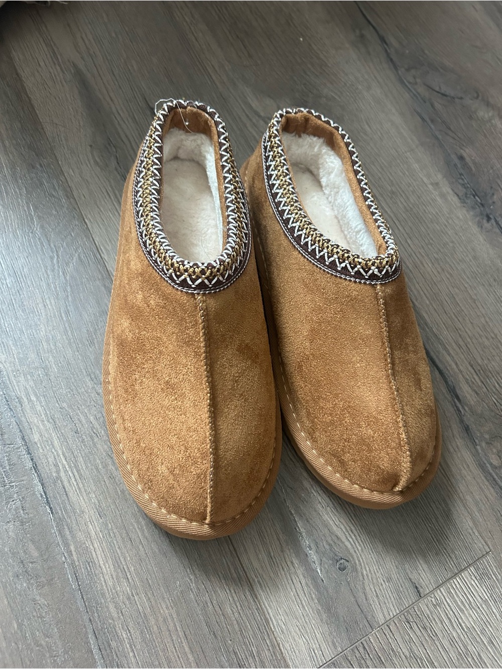 Women’s Slip-On Faux Suede & Shearling Slippers in Camel